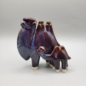 Two Hump Camels Mama and Baby Lava Drip Glaze Studio Art Pottery Blue Purple